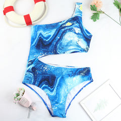 Hot spot new bikini European and American foreign trade swimsuit one-piece printed bikini wave pattern hollow swimsuit manufacturer