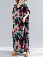 2023 women's summer new cotton and linen dress with large flowers stitching V-neck cotton and linen comfortable robe plus size dress