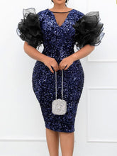 Women's Mesh Ruffle Sleeve Sequin Cover Hip Body Dress