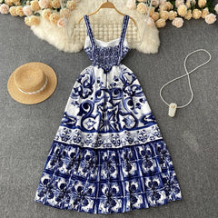 Ethnic style, elegant print, slim waist, beautiful A-line long skirt, suspender dress