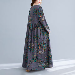 Women's printed dress fat mm plus size women's clothing daily casual home high waist stitching long sleeve round neck long belly cover up skirt