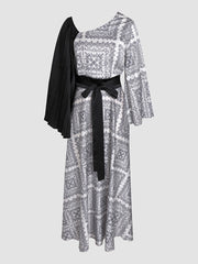 Elegant off-the-shoulder fashion print tie dress