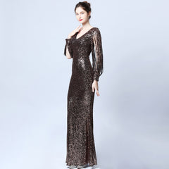 أزياء السيدات مثير الخامس الرقبة الصلبة اللون فستان سهرة مطرزة