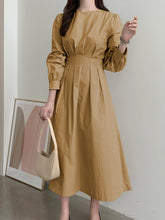 VONDA ladies Japanese and Korean casual solid color dresses, elegant and simple casual round neck pleated waist long-sleeved A-line skirt, large-size skirt, daily spring and autumn large size trend long skirt