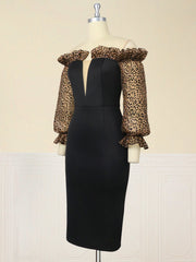 Sexy Off Shoulder Black Dress Deep V Neck Leopard Print Tulle Sleeve Midi Bodycon Robe Elegant Cocktail Evening Party Spring New
