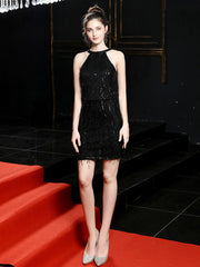 Ladies Fashion Halter Collar Sequined Slim Dress Dress