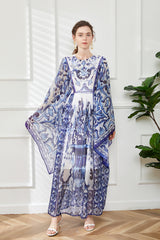 490 real shot retro court style round neck horn long sleeve loose blue and white porcelain printed A-line skirt Tencel long skirt