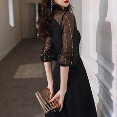 Ladies Halter Sleeve Short Party Dress Fashion Perspective Sleeve Black Party Evening Dress