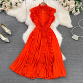 Summer luxury light luxury V-neck ruffled waist slimming pleated dress