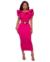 Long skirt dress with ruffled sleeves and pile neck slit