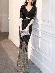 Ladies Banquet Long Slim Mermaid Evening Dress Fashion Sequined Double Shoulder V-neck Sleeve Party Dress