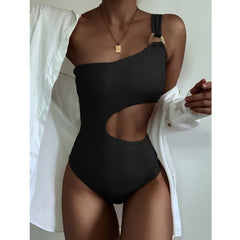 Summer new swimwear European and American solid color one-piece swimsuit feminine waistless one-shoulder strap ins style swimsuit spot