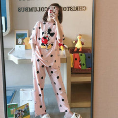 5 Colors Mickey Mouse Print Polka Dot Women's Summer Suits Casual Soft Nightgown Women Home Wear Pyjama