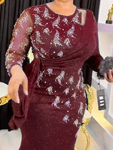 Women's large size long-sleeved hot diamond beaded mermaid skirt evening dress dress