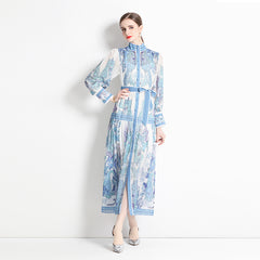 Spring Summer Floral Printed Long Sleeve Stand Collar Chiffon Dress Women Elegant A-line Long Dresses With Belt