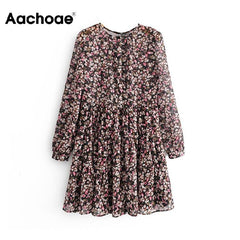 Aachoae Boho Style Floral Print Pleated Dress Long Sleeve Women Mini Dress O Neck Loose Ladies Dresses Beach Sundress Ropa Mujer