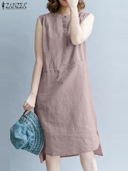 ZANZEA Summer Sleeveless Casual Knee-length Dress Fashion Women Solid Work Vestido Elegant Drawstring Waist Party Sundress Robe