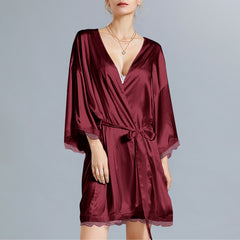 Celmia Ms. European and American temperament solid color V-neck long-sleeved stitching lace short nightdress Fashion casual bathrobe-style home service