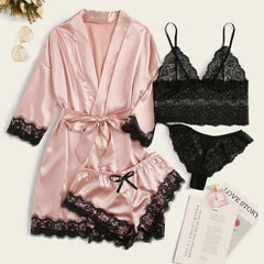 Women's Pajamas 4pcs Floral Lace Satin Pajama Set Nightgown Sexy Silk Pajamas Nightgown Set Casual Homewear Pajamas