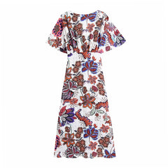 Women Boho Style Floral Printed Midi Dresses V Neck Short Sleeve Vintage Dresses Female Elegant A Line Party Dress