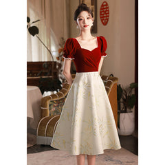 Red Little Evening Dress Skirt At Away Toast Dress Female Summer Bride Small Engagement French Puff Sleeves