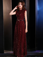 Ladies Small High Neck Fashion Party Dress Sequined Party Evening Dress Crimson Sleeveless Dress Dress