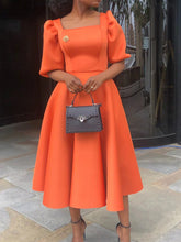 European and American plus size women's solid color fashion evening dress puff sleeve dress without brooch