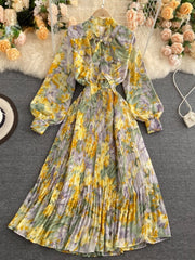 فستان بوهو نسائي عتيق للربيع والخريف بأكمام طويلة مزين بفيونكة فستان نسائي أنيق بطبعة زهور رداء بدون أكمام