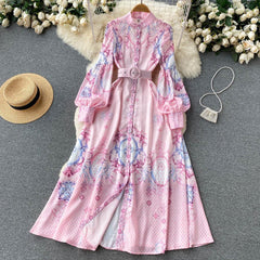 Ethnic style long-sleeved dress summer French print dress