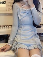 KOSAHIKI Japanese Sweet Robe Lace Bandage Bow Square Collar Dress Women 2022 Spring Summer Pleated Bodycon Y2k Dresses Vestido