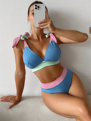 Color Block High Waist Cute Bow Bikini