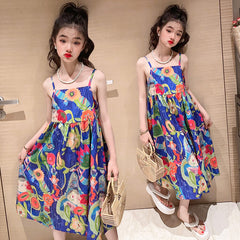 فستان بناتي 2023 موضة جديدة للأطفال تنورة بحمالات فستان صيفي للأطفال متوسط وكبير تنورة بناتي عصرية مُزينة بالزهور