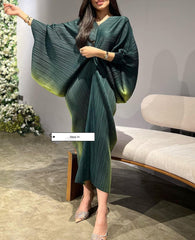 Multicolor Print Elegant Pleated Stretch V-Neck Dress