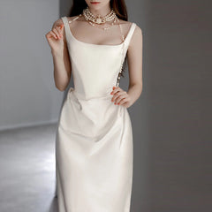French satin light wedding dress 2023 new retro simple going out yarn small trailing suspender dress evening dress