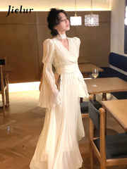 2023 spring elegant V-neck midi dress office lady long-sleeved casual dress Korean French retro chiffon dress lady 6*12