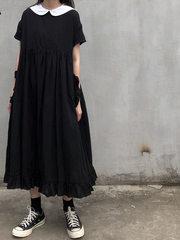 2023 Summer Sweet Peter Pan Collar Kawaii Ruffle Short Sleeve Teen Girls Black Gothic Loose Fashion 3*18