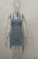Cryptographic Halter Ruched Drawstring Solid Bodycon Dress Women Club Party Hot Backless Sleeveless Summer Mini Dresses