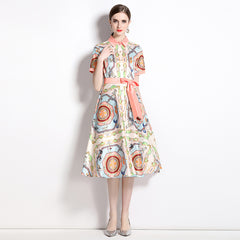 European and American fashion 100 show thin positioning printed cardigan short-sleeved dress with belt