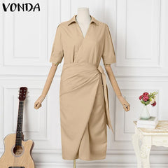 VONDA Elegant Dresses For Women 2022 Solid Lapel Short Sleeve Waist-in Pleated A-Line Vestidos Bohemian Party Casual Summer Plus Size Long Dresses
