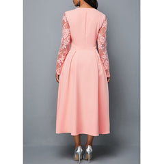 Plus Size Dress Fashion Round Neck Lace Women's Dress High Waist Long Sleeves Printed Mid Length Dress