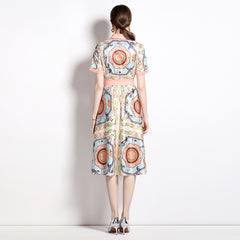 European and American fashion 100 show thin positioning printed cardigan short-sleeved dress with belt