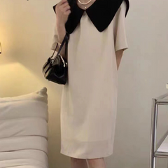 Large size front and back two wear 2023 summer new niche design big bow tie color doll collar slim dress 3*22