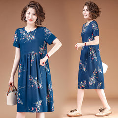 2021 فستان حرير قطني مزين بالزهور في منتصف العمر وكبار السن فستان نوم حرير قطن صيفي للأم