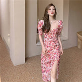 فستان للنساء 2021 فستان شيفون صيفي منقوش عليه زهور سبليت بوهو بيتش وردي فستان طويل مثير 3318 #