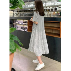 2023 summer new large size women's short-sleeved T-shirt splicing dot printing dress round neck fake two-piece long skirt
