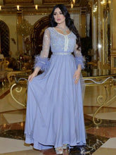 Blue-purple ostrich hair hot-drilling craft dress