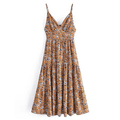 فستان نسائي بوهو ستايل مطبوع عليه زهور أنيق بياقة على شكل V بدون أكمام فستان حفلات بدون ظهر للسيدات فستان بحزام سباغيتي غير رسمي