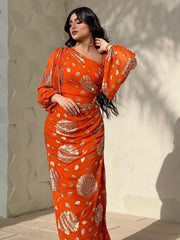 Elegant Gold Print Nipped Waist Chiffon Dress