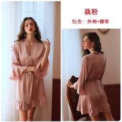 سر الحب البرتقالي درجة الحرارة غرفة خاصة منامة مثير الرغبة الحرير لوتس الأصفاد سترة رداء الخارجي ثوب النوم