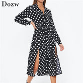 بوهو الصيف شاطئ فساتين النساء البولكا نقطة فستان طويل الشيفون مثير سبليت حزب ضمادة فستان طويل الأكمام فستان قميص غير رسمي